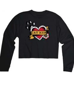 Arm The Animals Women's | Tattoo Cat Mom | Cutie Long Sleeve Cut Crop Long Sleeves